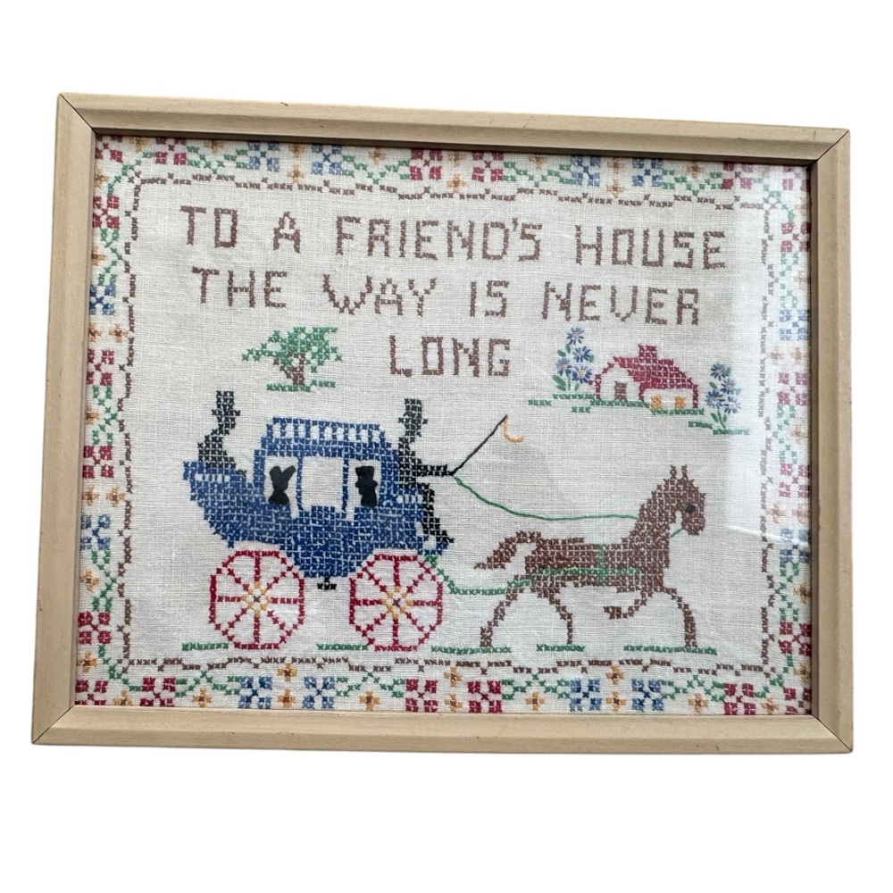 Vintage Finished Cross Stitch Sampler To a Friends House Framed Cottage
